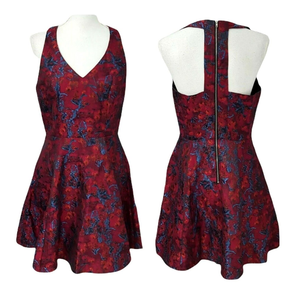 Eight Sixty Womens Dress Size Large Cage A Line Red Floral Knee Length Rear Zip